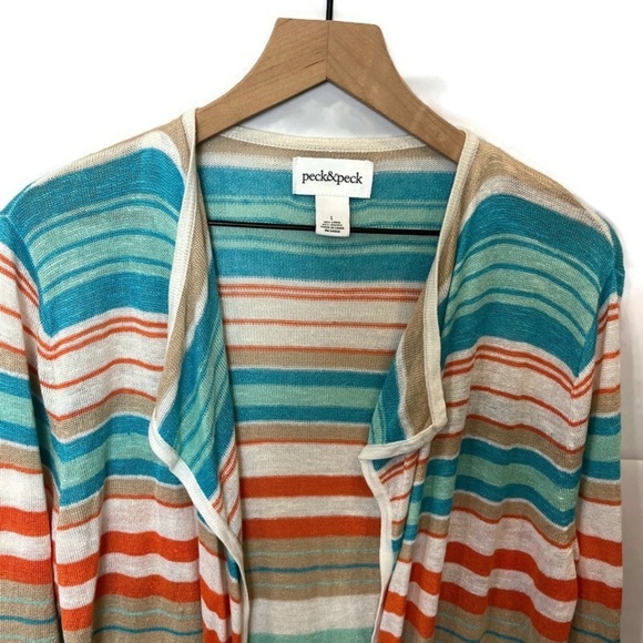 Womens Linen Blend Longline Striped Waterfall Cardigan Sweater Size Large Beachy - Picture 4 of 9